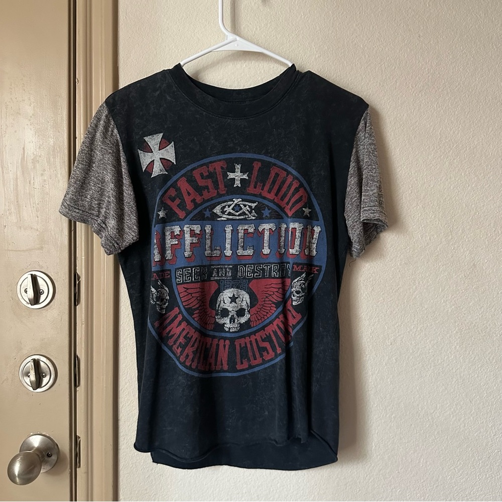 Affliction Graphic Tee in Black with Gray Sleeves